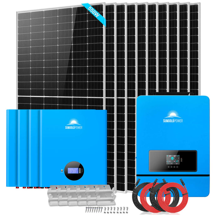 Gray SunGoldPower OFF GRID SOLAR KIT 10 X 550 WATTS SOLAR PANELS 4 X 5.12KWH POWERWALL LITHIUM BATTERY 10KW SOLAR INVERTER 48VDC 120V/240V