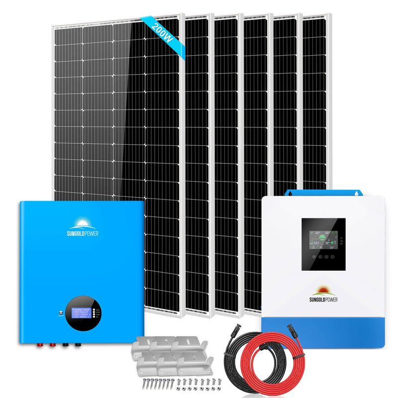 Load image into Gallery viewer, Black SunGoldPower Off-Grid Solar Kit 5000W 48VDC 120V 5.12KWH PowerWall Battery 6 X 200 Watts Solar Panels
