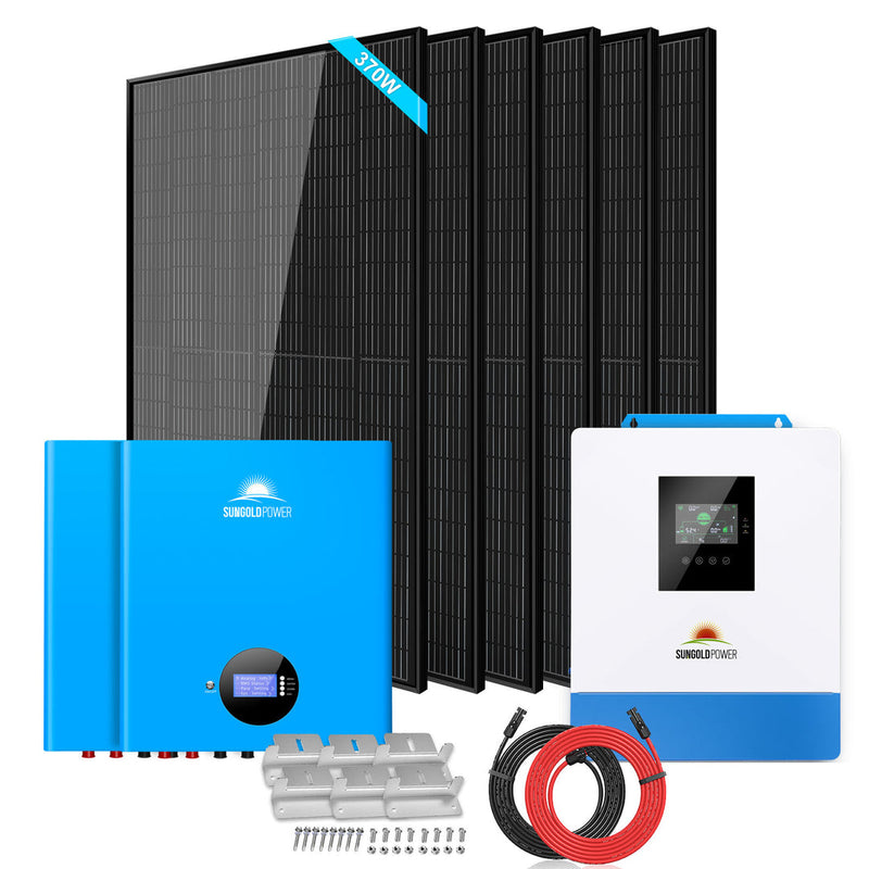 Load image into Gallery viewer, Light Gray SunGoldPower Off-Grid Solar Kit 5000W 48VDC 120V 10.24KWH PowerWall Lithium Battery 6 X 370 Watts Solar Panels
