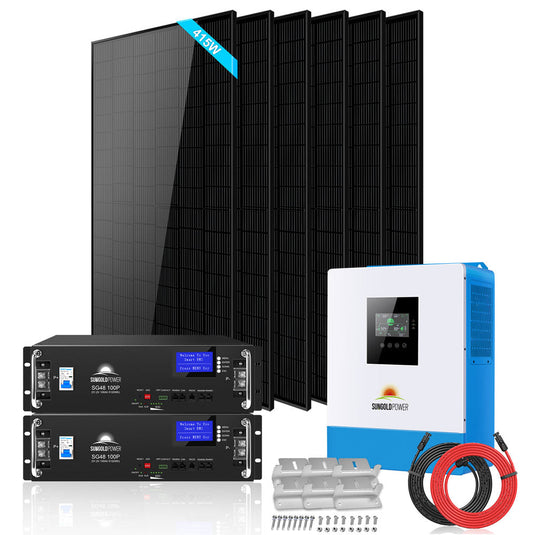 Light Gray SunGoldPower Off-Grid Solar Kit 5000W 48VDC 120V LifePo4 10.24KWH Lithium Battery 6 X 415 Watts Solar Panels