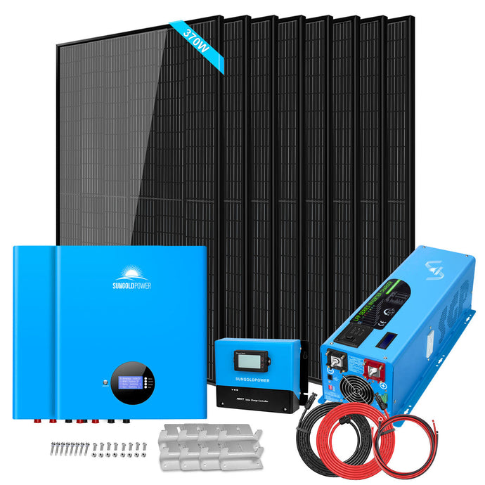 Dark Slate Gray SunGoldPower Off-Grid Solar Kit 6000W 48VDC 120V/240V LifePo4 10.48KWH Power Wall Lithium Battery 8 X 370 Watts Solar Panels