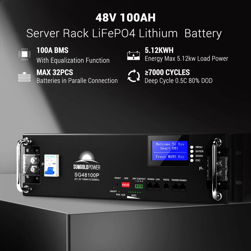 Load image into Gallery viewer, Black SunGoldPower 48V 100AH Server Rack LiFePO4 Lithium Battery
