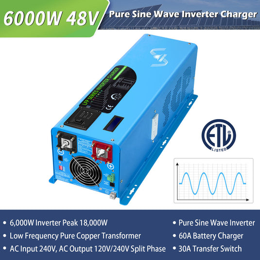 Dark Slate Blue SunGoldPower 6000W DC 48V Split Phase Pure Sine Wave Inverter With Charger