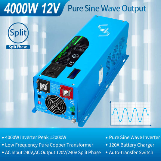 Dark Cyan SunGoldPower 4000W DC 12V Split Phase Pure Sine Wave Inverter With Charger