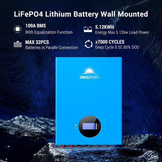 Black SunGoldPower 5.12KWH Powerwall LiFePO4 Lithium Battery