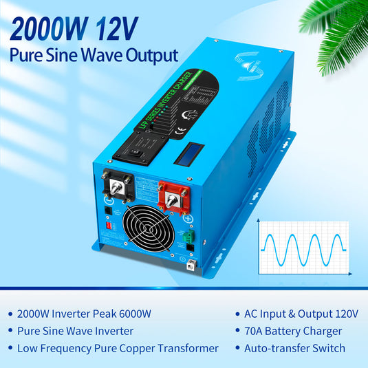 Pale Turquoise SunGoldPower 2000W DC 12V Pure Sine Wave Inverter With Charger