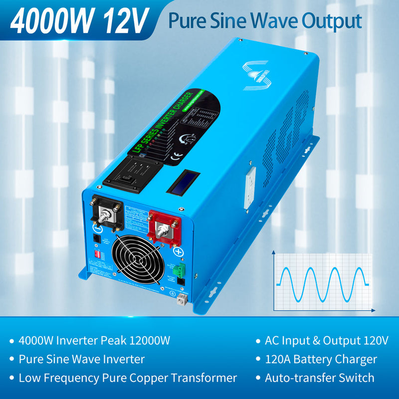 Load image into Gallery viewer, Light Blue SunGoldPower 4000W DC 12V Pure Sine Wave Inverter With Charger
