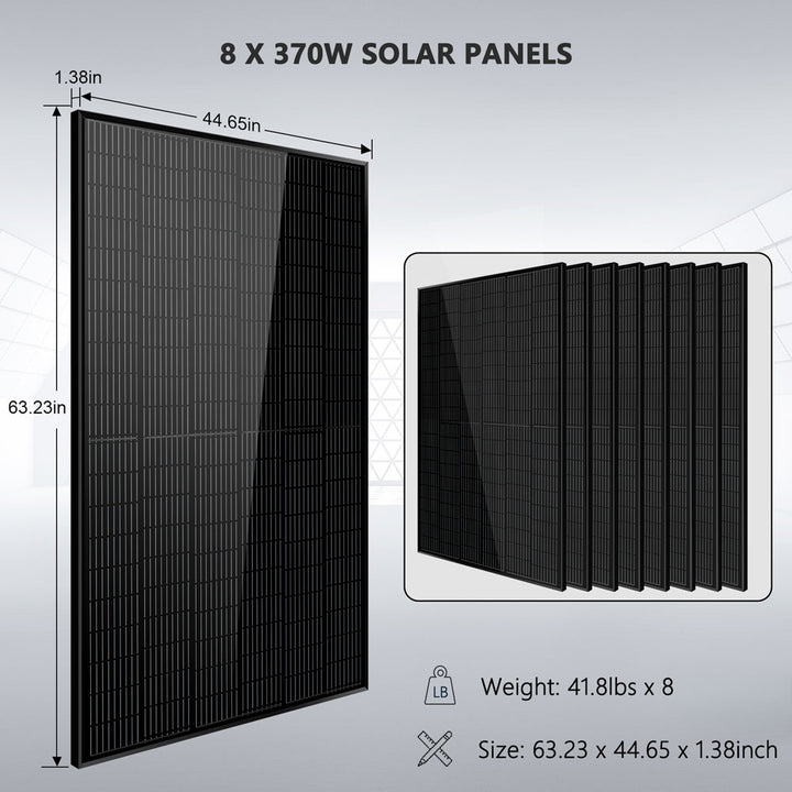 Load image into Gallery viewer, Black SunGoldPower Off-Grid Solar Kit 6000W 48VDC 120V/240V LifePo4 10.48KWH Power Wall Lithium Battery 8 X 370 Watts Solar Panels
