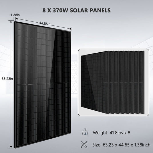 Black SunGoldPower Off-Grid Solar Kit 6000W 48VDC 120V/240V LifePo4 10.48KWH Power Wall Lithium Battery 8 X 370 Watts Solar Panels