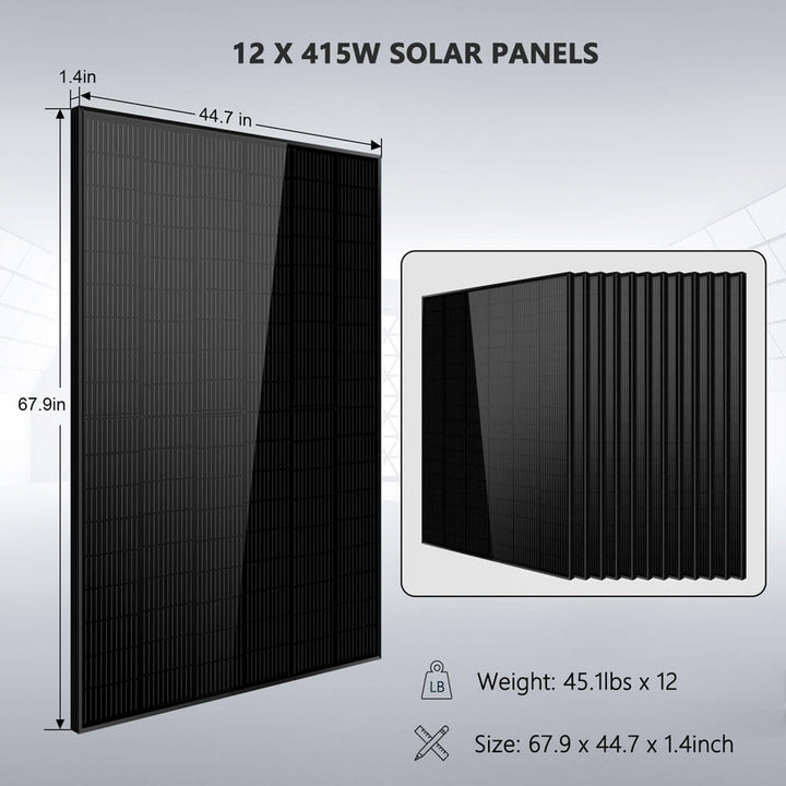 Load image into Gallery viewer, Black SunGoldPower OFF GRID SOLAR KIT 12 X 415 WATTS SOLAR PANELS 4 X 5.12KWH LITHIUM BATTERY 8000W SOLAR INVERTER 48VDC 120V/240V
