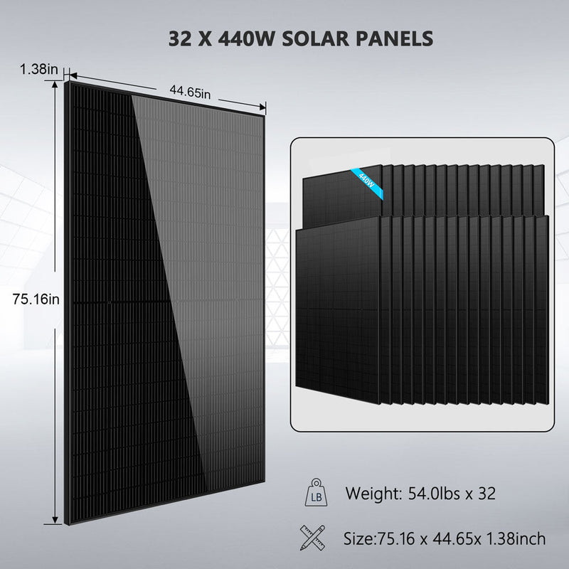 Load image into Gallery viewer, Black SunGoldPower OFF GRID SOLAR KIT 20KW 48VDC 120V/240V LIFEPO4 30.72KWH LITHIUM BATTERY 32 X 440 WATTS SOLAR PANELS
