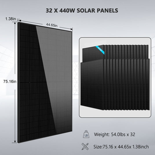 Black SunGoldPower OFF GRID SOLAR KIT 20KW 48VDC 120V/240V LIFEPO4 30.72KWH LITHIUM BATTERY 32 X 440 WATTS SOLAR PANELS