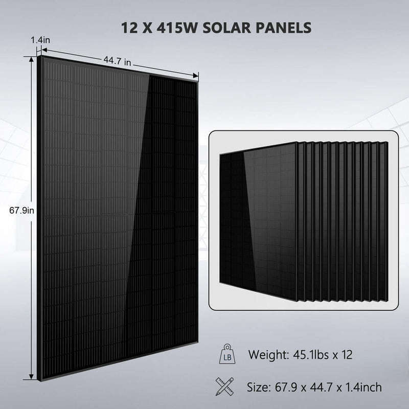 Load image into Gallery viewer, Black SunGoldPower Off Grid Solar Kit 10000W 48VDC 120VAC/240V 20.48KWH Powerwall Lithium Battery 12 X 415 Watts Solar Panels
