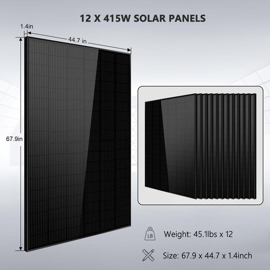 Black SunGoldPower Off Grid Solar Kit 10000W 48VDC 120VAC/240V 20.48KWH Powerwall Lithium Battery 12 X 415 Watts Solar Panels