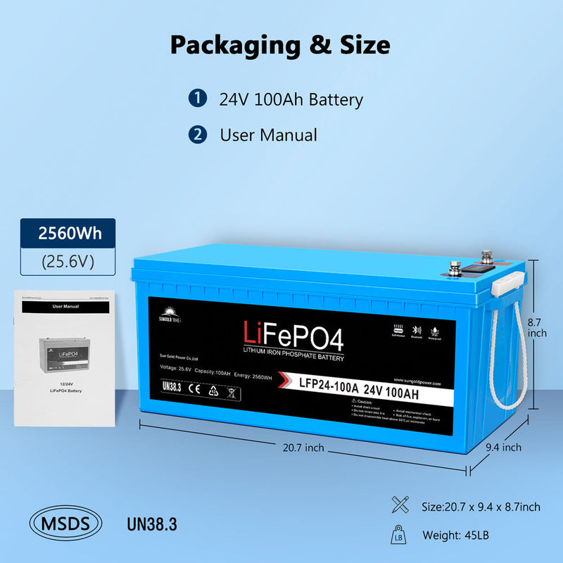 Load image into Gallery viewer, Light Blue SunGoldPower 24V 100Ah LiFePo4 Deep Cycle Lithium Battery
