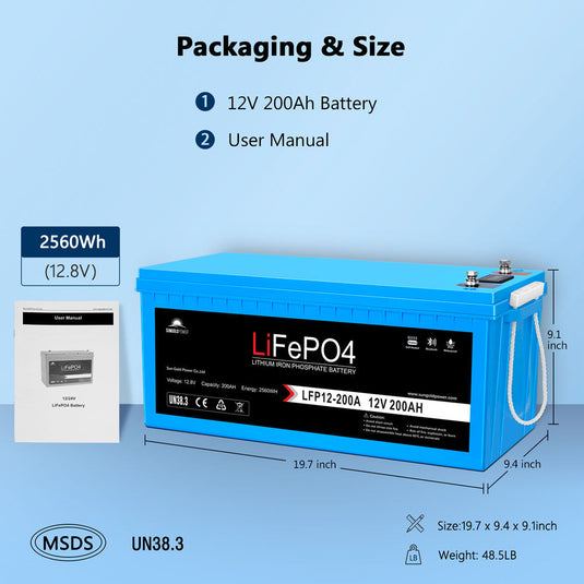 Light Blue SunGoldPower 12V 200Ah LiFePo4 Deep Cycle Lithium Battery