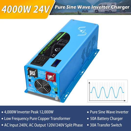 Dark Slate Blue SunGoldPower 4000W DC 24V Split Phase Pure Sine Wave Inverter With Charger