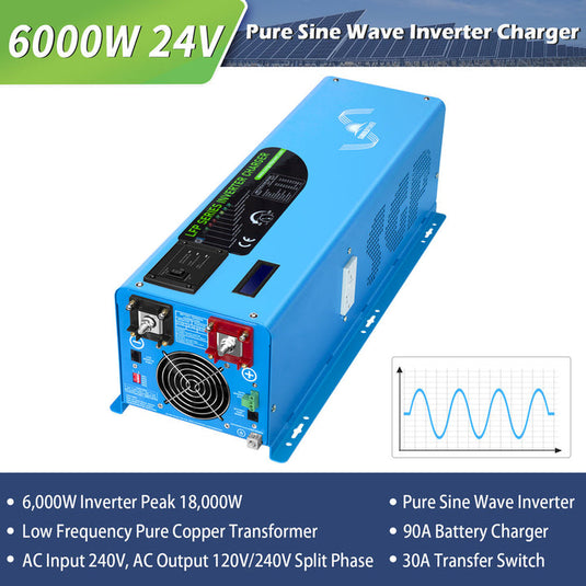 Dark Slate Blue SunGoldPower 6000W DC 24V Split Phase Pure Sine Wave Inverter With Charger