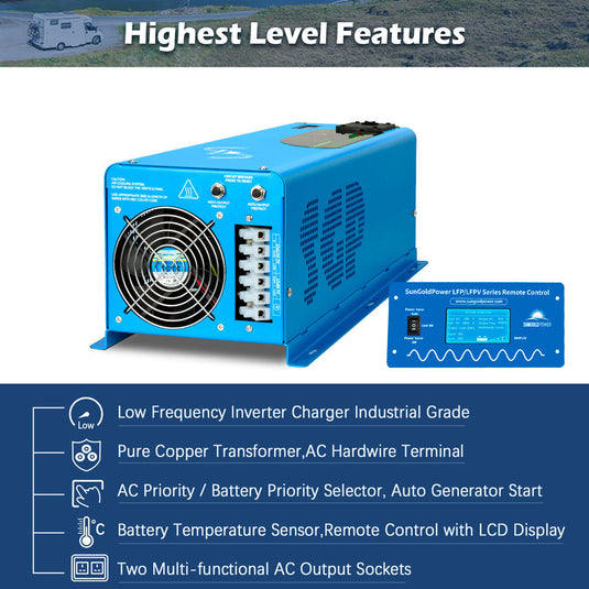 Dark Slate Blue SunGoldPower 6000W DC 24V Split Phase Pure Sine Wave Inverter With Charger