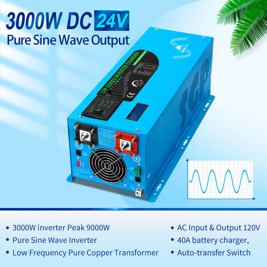 Pale Turquoise SunGoldPower 3000W DC 24V Pure Sine Wave Inverter With Charger