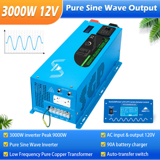 Dodger Blue SunGoldPower 3000W DC 12V Pure Sine Wave Inverter With Charger