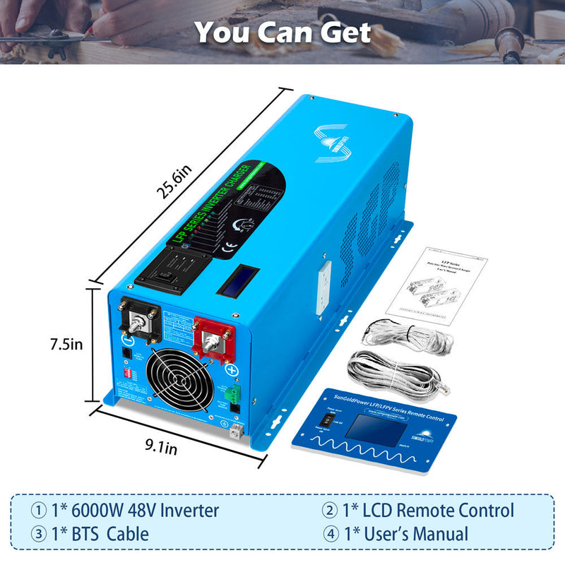 Load image into Gallery viewer, Steel Blue SunGoldPower 6000W DC 48V Split Phase Pure Sine Wave Inverter With Charger
