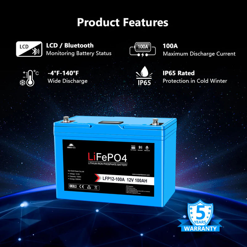 Load image into Gallery viewer, Black SunGoldPower 12V 100AH LiFePO4 Deep Cycle Lithium Battery
